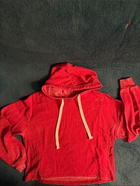 Red Cropped Colsie Terry Fleece Hoodie with Intentional Distressing and Fading